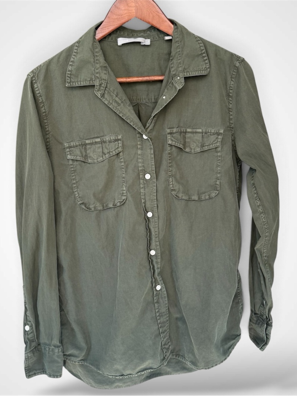 Vince Olive Green Cotton Silk Blend Utility Flap Pocket Button Down Shirt Top M